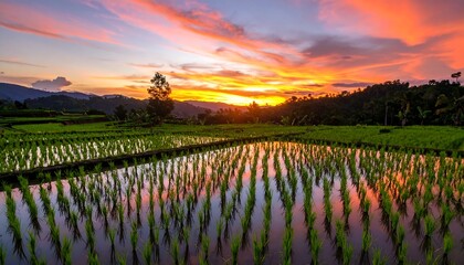 Obraz premium Stunning sunset over terraced rice paddies