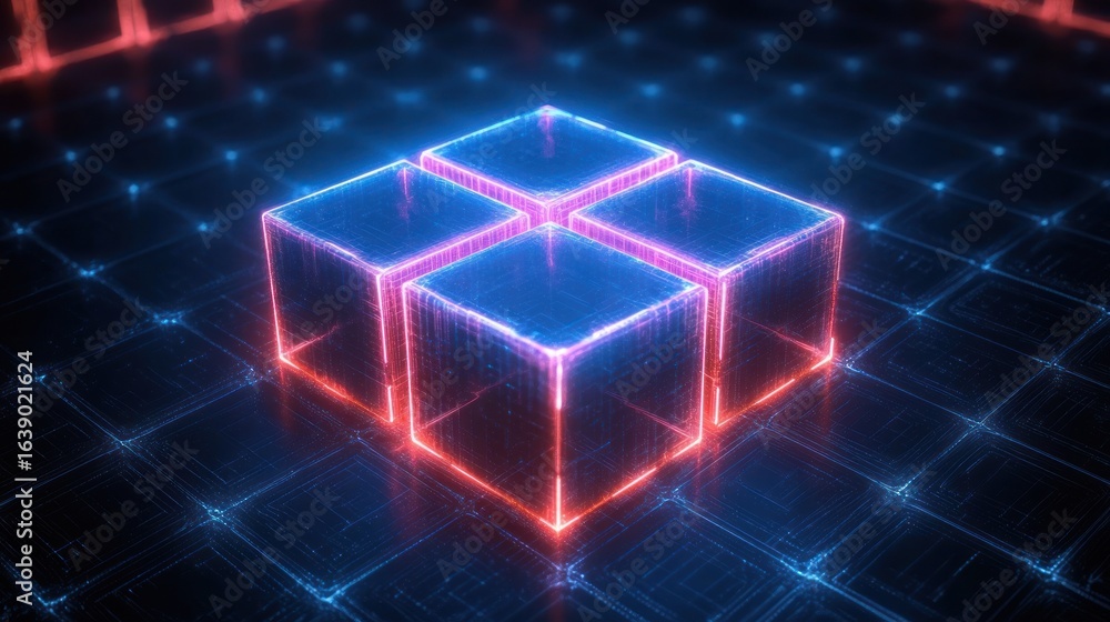 Poster glowing neon cubes arranged in a plus shape on a futuristic grid with bright blue and pink lights cr