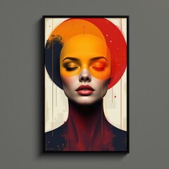 Abstract digital portrait of a woman with closed eyes, blending modern art with vibrant colors, geometric shapes, and artistic textures for contemporary wall decor