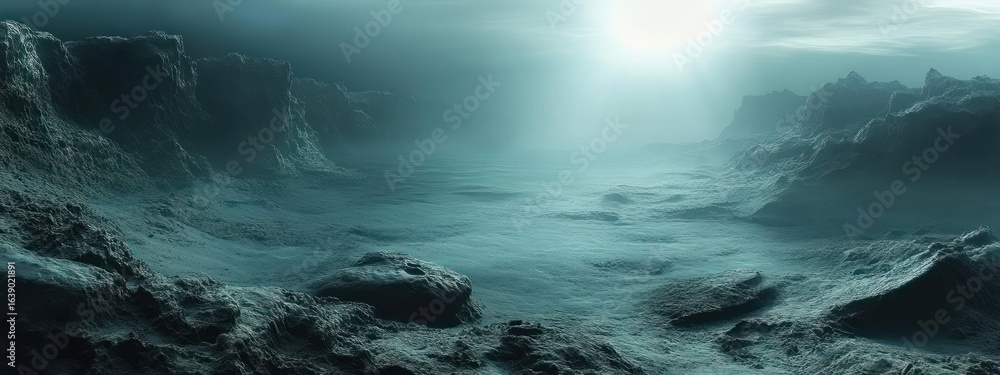Poster misty underwater rocky terrain illuminated by diffused sunlight, creating a mysterious and serene at
