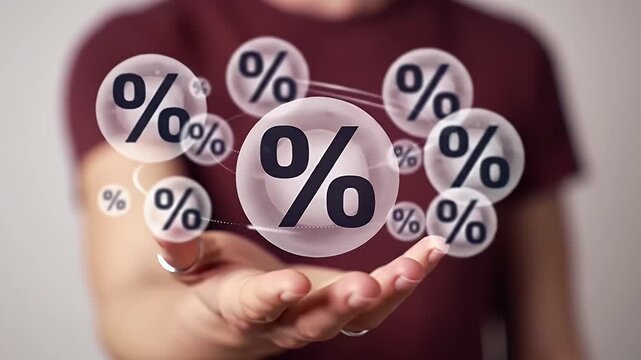 Hand Presenting Digital Percentage Symbols Hovering Above Palm Against Neutral Backdrop Representing Sales And Offers