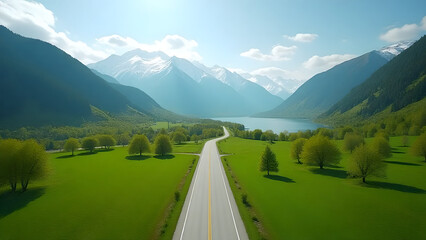Panoramic aerial view of lush green valley with winding road, snow-capped mountains, and blue sky