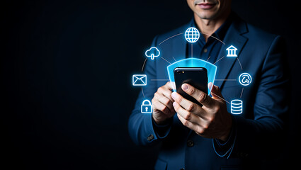 Man holding smartphone with digital security icons image