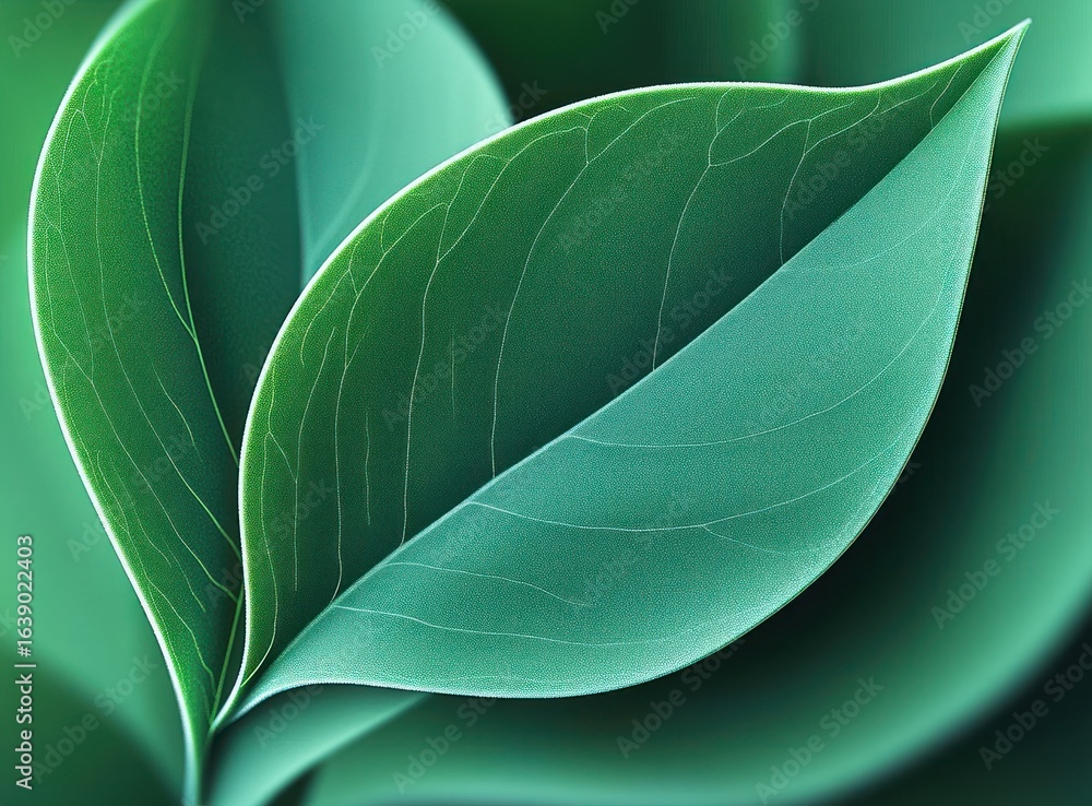 Poster close-up of vibrant green leaves with detailed vein patterns and smooth textures in soft natural lig