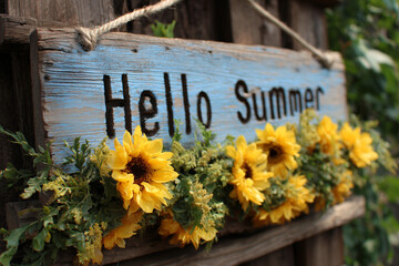 A sign with yellow flowers and the words "Hello Summer" written on it