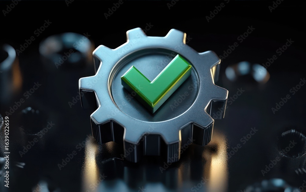 Poster close-up of a metallic gear with a green checkmark symbol in the center on a dark reflective surface