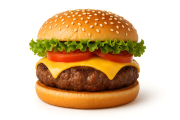 Delicious cheeseburger with lettuce and tomato on a sesame seed bun
