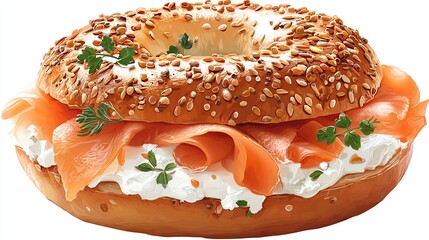 Salmon, cream cheese bagel sandwich, sprinkled seeds, dill garnish