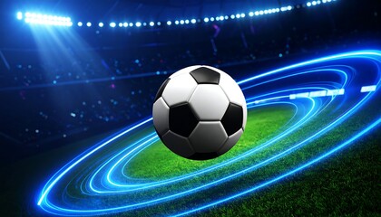 Dynamic soccer ball with blue energy trails on a vibrant green field under stadium lights