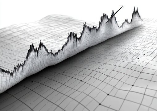 Three-dimensional visualization of fluctuating data with a rolled grid and a raised jagged line graph showing dynamic statistical information and an upward trend