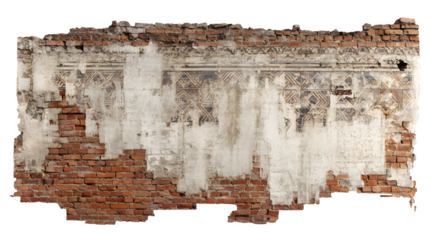 A segment of old brick wall with a subtle, faded mural of geometric shapes, isolated on a Transparent background