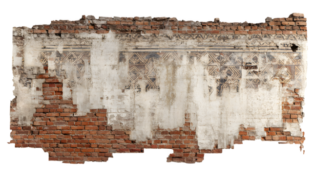 A segment of old brick wall with a subtle, faded mural of geometric shapes, isolated on a Transparent background