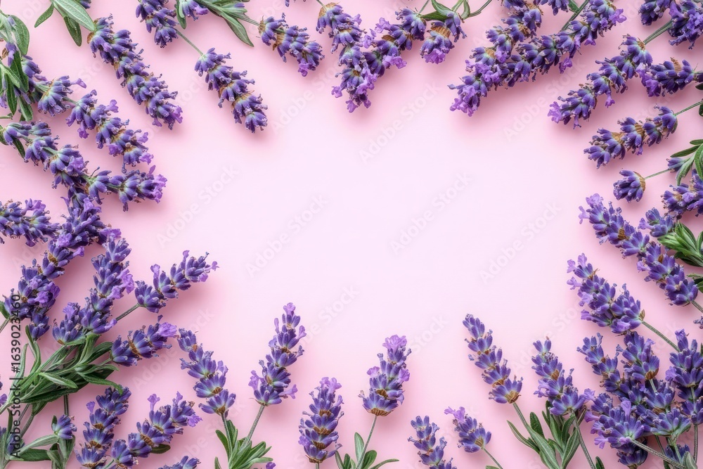 Poster purple lavender flower sprigs arranged in a circular frame on a soft pink background creating a calm