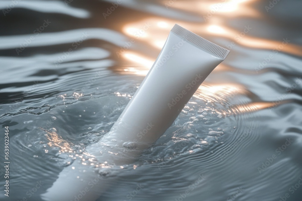 Poster white tube container partially submerged in rippling water with soft reflections