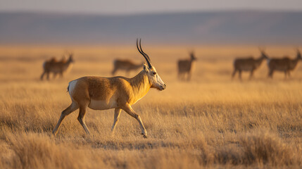 Fototapeta premium Rare animal saiga antelope (Saiga tatarica) gracefully traversing the vast steppes of Central Asia.