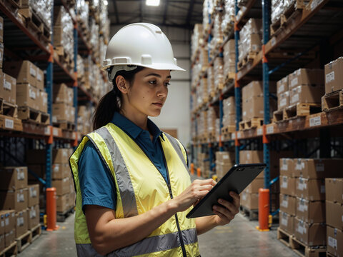 A skilled warehouse worker wearing a safety helmet and vest stands focused in a bustling logistics center, using a tablet to check inventory among tall stacks of boxes during daylight hours. - Powered by Adobe