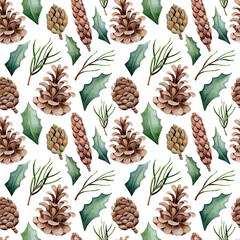 Seamless watercolor pattern. Botanical drawing. Hand drawn different types of cones, holly isolated on white background. Design for printing on fabric.