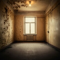 Dilapidated Interior An Eerie Scene of Decay and Abandonment, with peeling walls and dim light