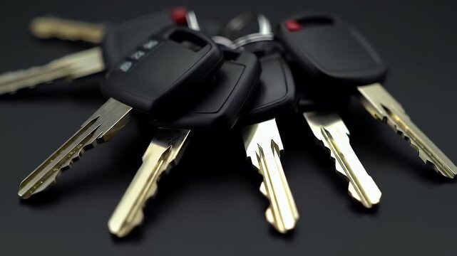 Close Up of a Set of Modern Car Keys with Black Plastic Fob and Shiny Metal Keys on a Dark Background Studio Shot