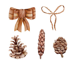 Set of watercolor illustrations in monochrome brown color. Hand drawn different types of cones, ribbon bows and rope isolated on white background. Set of Christmas elements, botanical theme.