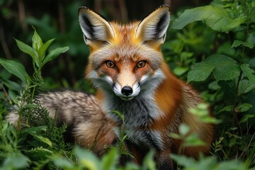 Red fox resting calmly among lush green foliage in a natural forest setting, showcasing its sharp eyes and vibrant fur
