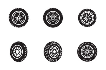Collection of Black and White Car Wheel Icons on a White Background Representing Automotive Industry and Transportation Needs