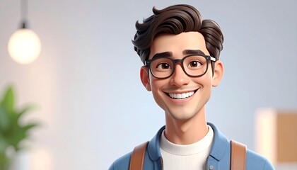 Animated Character Portrait: Smiling Man with Glasses and Backpack in Soft Lighting