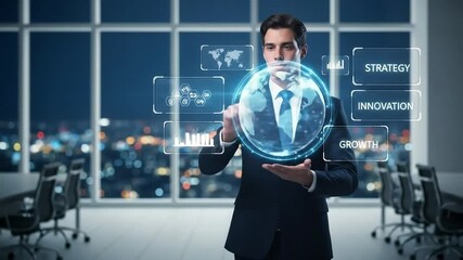 Executive showcasing a futuristic globe with digital business insights and strategic growth elements. - Powered by Adobe
