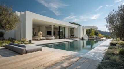 Modern white villa with pool and mountain view