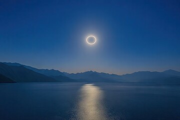 A luminous ring encircles a celestial body, centered in a twilight sky above a calm lake mirroring the light, mountains silhouetted on the horizon