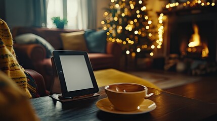 Cozy living room scene with a tablet, coffee cup, Christmas tree lights, and fireplace in soft focus background