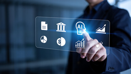 Person interacting with digital interface displaying artificial intelligence and financial icons technology