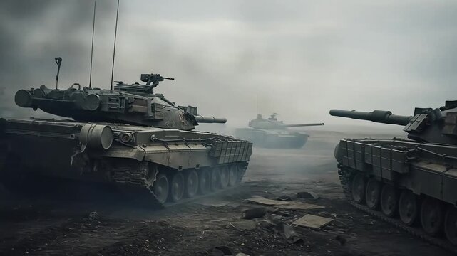 Modern armored vehicles fire their main cannons in a tactical training exercise, producing intense muzzle flashes and smoke.