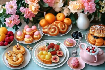 Obraz premium Colorful assortment of pastries, fresh fruits, and desserts arranged on plates surrounded by vibrant flowers and a pink cup filled with berries and cream on a light blue table