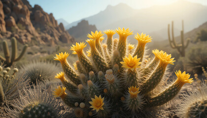 cactus at sunsetDesert cactus with yellow flowers in bright sunlight