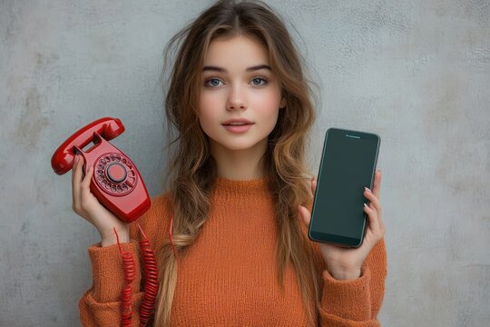 young woman holding a vintage red rotary phone in one hand and a modern smartphone in the other showing contrast between old and new communication devices