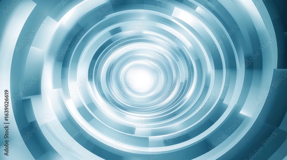 Poster abstract futuristic tunnel with concentric circular rings illuminated by a bright white light at the