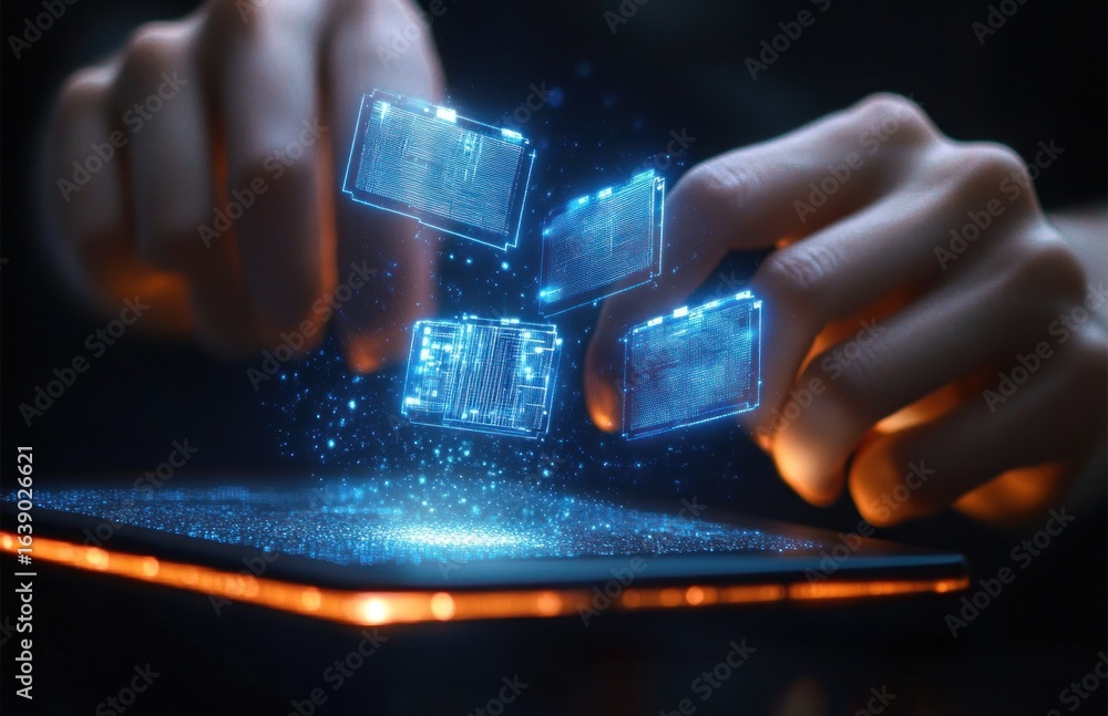 Poster hands interacting with holographic digital circuit boards floating above a glowing tablet screen in 