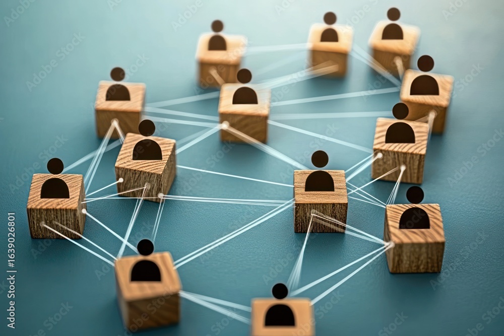 Poster wooden blocks with person icons connected by white strings representing a social network or organiza