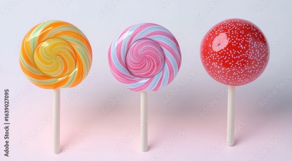 Poster three colorful round lollipops with swirl patterns and speckled design on white sticks against a pla