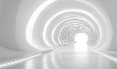 Fototapeta premium Minimalist futuristic tunnel with smooth curved white surfaces and glowing concentric rings leading to a bright exit, evoking a sense of infinity and lightness