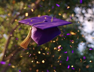 A purple graduation cap floats amidst golden and purple confetti
