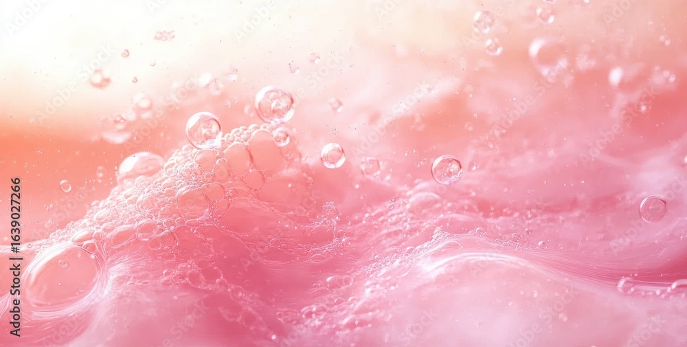 Poster close-up of translucent pink bubbles floating on a soft, smooth pink surface with gentle light and a