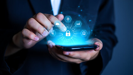 Person touching secure digital interface on phone hand