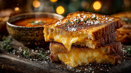 Melted cheese grilled cheese sandwich with tomato soup, comfort food delight