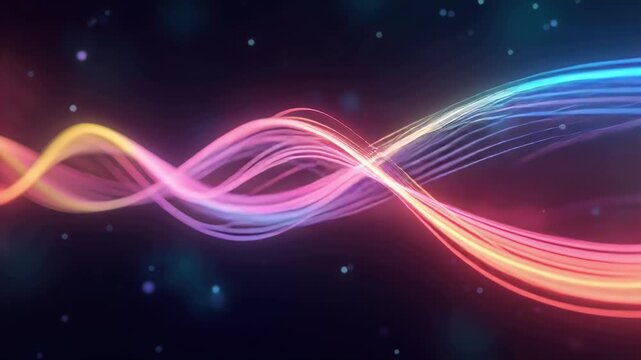 Rainbow strings vibrate, rapidly expanding and contracting, swirling within the dark gradient.  Camera slowly zooms out, revealing the starry expanse.