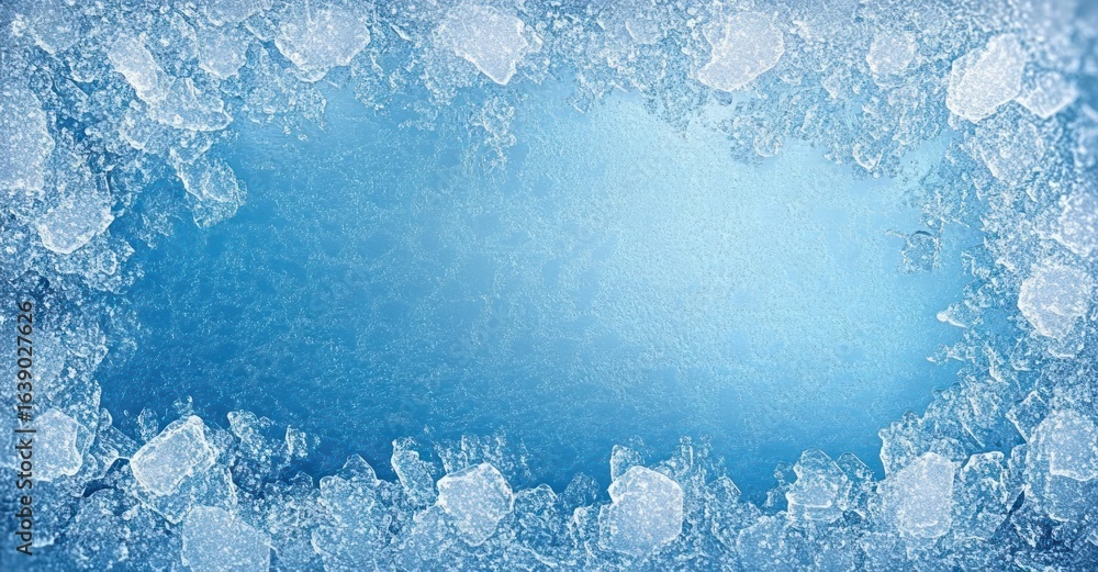 Poster close-up view of irregular ice crystals and frost forming a natural frame around a smooth icy surfac