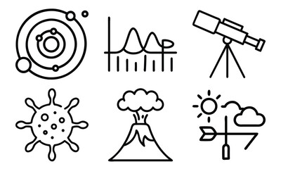 Science and Laboratory Line Icons Chemistry, Physics, Biology, Space, Robotics, Data, and Medical Vector Icon Set for Education, Research, and STEM Projects