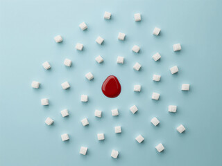 Red droplet surrounded by white cubes blood liquid