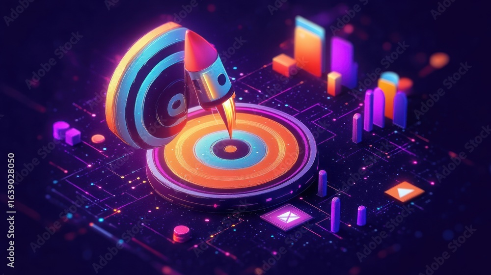 Poster futuristic 3d illustration of a rocket launching from a digital target with surrounding glowing char
